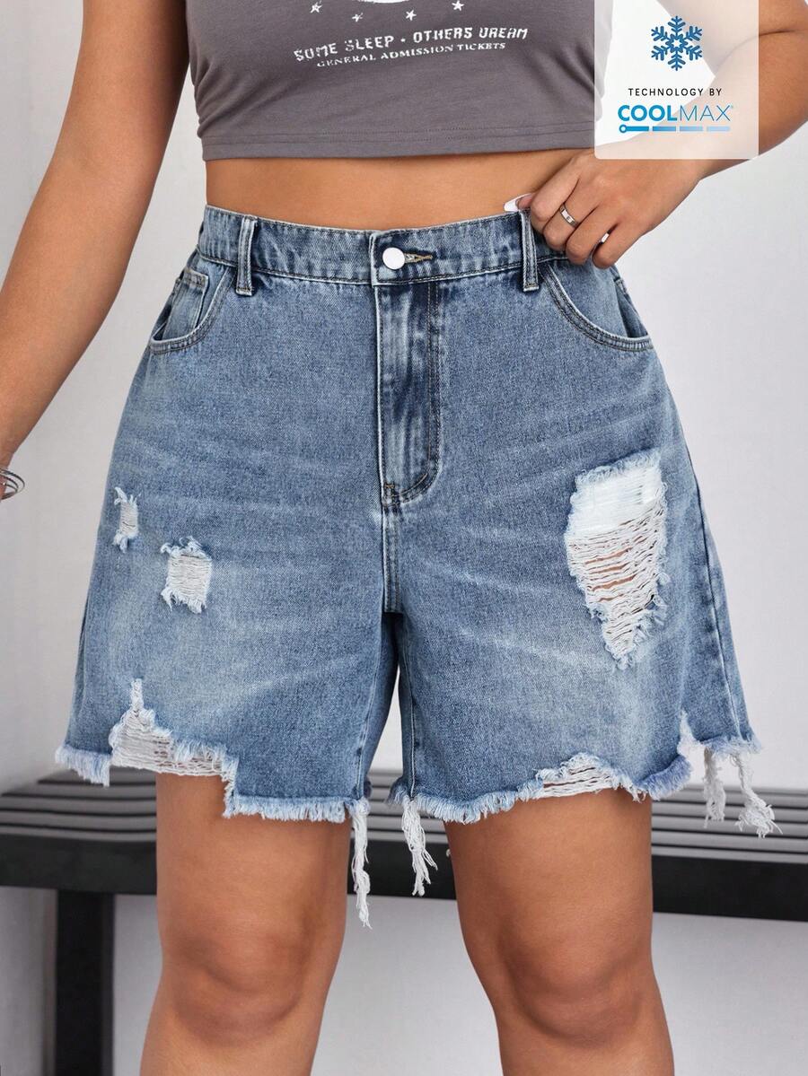 SHEIN ICON 大码夏季休闲水洗做旧牛仔短裤 - 藍色 - 查看 1