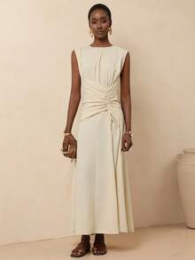Vesra Vestido midi de línea A con diseño de cintura ceñida, cuello redondo y cordón para vacaciones de estilo vintage y casual para mujeres - Albaricoque - Ver 6