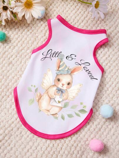 PETSIN 1 bộ đồ cho thú cưng hình thỏ thiên thần dễ thương đội mũ sinh nhật, áo tank top in chữ, phối màu trắng và đỏ hồng, mềm mại, thoáng khí và thoải mái.