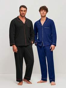 LUVLETTE Spring And Summer Soft 100% Pure Cotton Navy Blue Basic Long Button-Up Top & Pants Pajama Sets For Men Lounge Sets For Men Pants With Pockets Pyjama Cotton Pajamas - Navy Blue - View 8