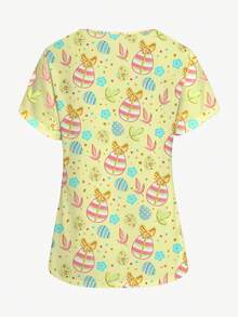 PopScrub 女士护士制服上衣，领结设计，条纹、波点和花卉卡通印花，V领短袖，时尚工作服，适合复活节和日常穿着。 - 彩色 - 查看 3