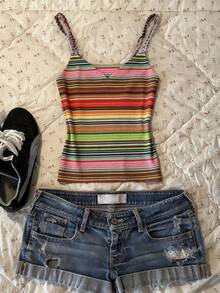 Glimmora 女士夏季度假条纹V领修身短款吊带背心 - 彩色 - 查看 1