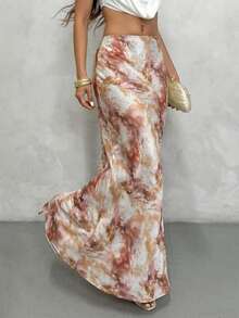 Glamine 女士A字裙，优雅百搭缎面印花裙，夏季时尚修身长裙，长款真丝裙，大地色系长裙，夏季性感长裙，扎染长裙，印花长裙，女士长裙，鱼尾裙 - 咖啡棕 - 查看 3