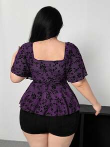 Vibekara Plus Size Dark Gothic Style Square Collar Lace Ruffle Sleeve Blouse - Purple - View 2