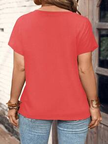 EMERY ROSE Plus Size V-Neck Button Striped Short Sleeve T-Shirt, Loose Fit, 2025 New Arrival, Plus Size - Red - View 2