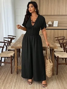 SHEIN LUNE جمبسوت نسائية مقاس كبير مع أكمام خفيفة مطوية وإغلاق بحزام الخصر، كاجوال للربيع/الصيف - الأسود - مشاهدة 3