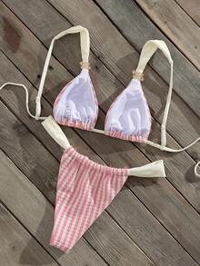 Swim Vcay Bộ bikini dây mảnh bản rộng, chất liệu jacquard kẻ sọc phối màu, phụ kiện kim loại, thích hợp cho mùa xuân/hè dành cho nữ - Phong cách giản dị dễ thương. - Nhiều màu - Xem 2