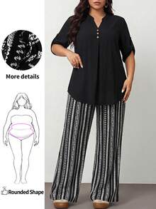 Enliva 2pcs/Set Plus Size Solid V-Neck Short Sleeve Top And Allover Print Pants Leisure Vacation Outfit, For Summer,Holiday Outfits Boho, For Apple And Rounded Body Shape - Black - View 1