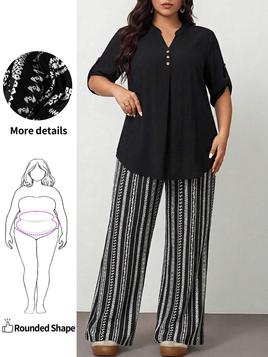 Enliva 2pcs/Set Plus Size Solid V-Neck Short Sleeve Top And Allover Print Pants Leisure Vacation Outfit, For Summer,Holiday Outfits Boho, For Apple And Rounded Body Shape - Black - View 1