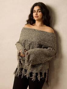 Juhart Áo len chui đầu tua rua hở vai cỡ lớn dành cho nữ - Cà phê nâu - Xem 4