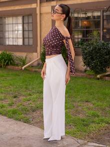 Andrea Bello Women's Summer Vacation Polka Dot Print Slim Fit Asymmetrical Shoulder Top - Coffee Brown - View 5