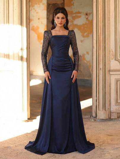 Aureia Elegant, Romantic, Fashionable, Dignified Navy Blue Satin Beaded Embroidery Patchwork Square Collar Long Sleeve Pleated Decor Fishtail Hem Flowing Decor Elegant Party Wedding Guest Dress, Navy Blue Formal Evening Gown