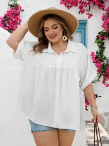 SHEIN CURVE+ Curve 尺码 US22 音乐节、海滨度假、波西米亚夏季休闲简约瑞士圆点前开襟衬衫 - 白色 - 查看 9