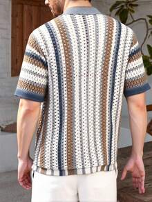 Manfinity Homme 男士撞色单排扣休闲日常针织短袖上衣 - 咖啡棕 - 查看 2