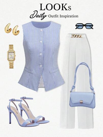 Ellevyn Women's Striped Round Neck Single-Breasted Casual Versatile Daily Wear Shirt Summer Outfits For Women Summer Tops Formal Attire For Women   Women's Social Blouse Business Professional Women  Blue And White Striped Formal Sleeveless Vest Shirt Office Wear