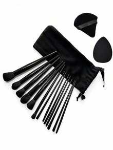 13Pcs Makeup Brush Set With 1 Puff & 1 Sponge - Foundation Eyeshadow Concealer Blush Powder Brushes, Full Beauty Tool Kit For Women - Black - View 8
