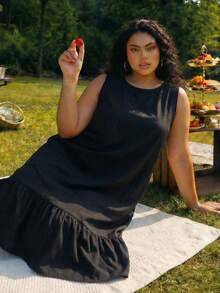 SHEIN CURVE+ Curve 尺码 US22 音乐节、海滨度假、波西米亚风女士露背圆领纯色荷叶边下摆无袖复古夏季休闲连衣裙，黑色 - 黑色 - 查看 9