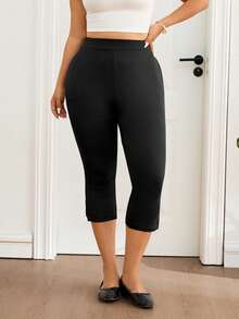 Lounesse 大码女式黑色五分钟速成紧身裤，时尚侧袋，适合日常通勤，舒适的大码黑色紧身裤 - 黑色 - 查看 3