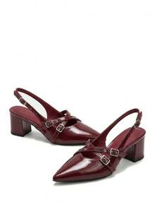 Tacones de vestir de mujer con puntera puntiaguda, cierre con hebilla y tacón grueso en cuero patentado burdeos, tacones altos formales puntiagudos elegantes, zapatos de tacón de moda tipo slingback para el Día de San Valentín - Burdeos - Ver 2