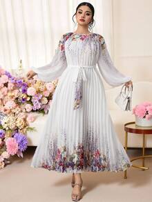Modelyn Robe plissée à imprimé floral élégante pour grande taille, idéale pour le travail - Parme - Voir 5