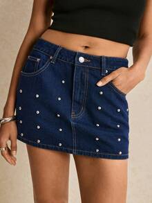 Poéselle Chân váy denim tối màu thanh lịch, đa năng dành cho nữ, đính ngọc trai, thích hợp cho các buổi hẹn hò. - Màu xanh lam - Xem 3