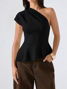LYSMO 2026 New Minimalist Spring Women's Solid Color Asymmetric Neckline Ruched Elegant Knit Top, Black - Black - View 3
