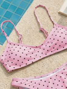 Swim Mod 优雅度假波西米亚风海军蓝白波点可调节肩带V领比基尼套装 - 彩色 - 查看 4