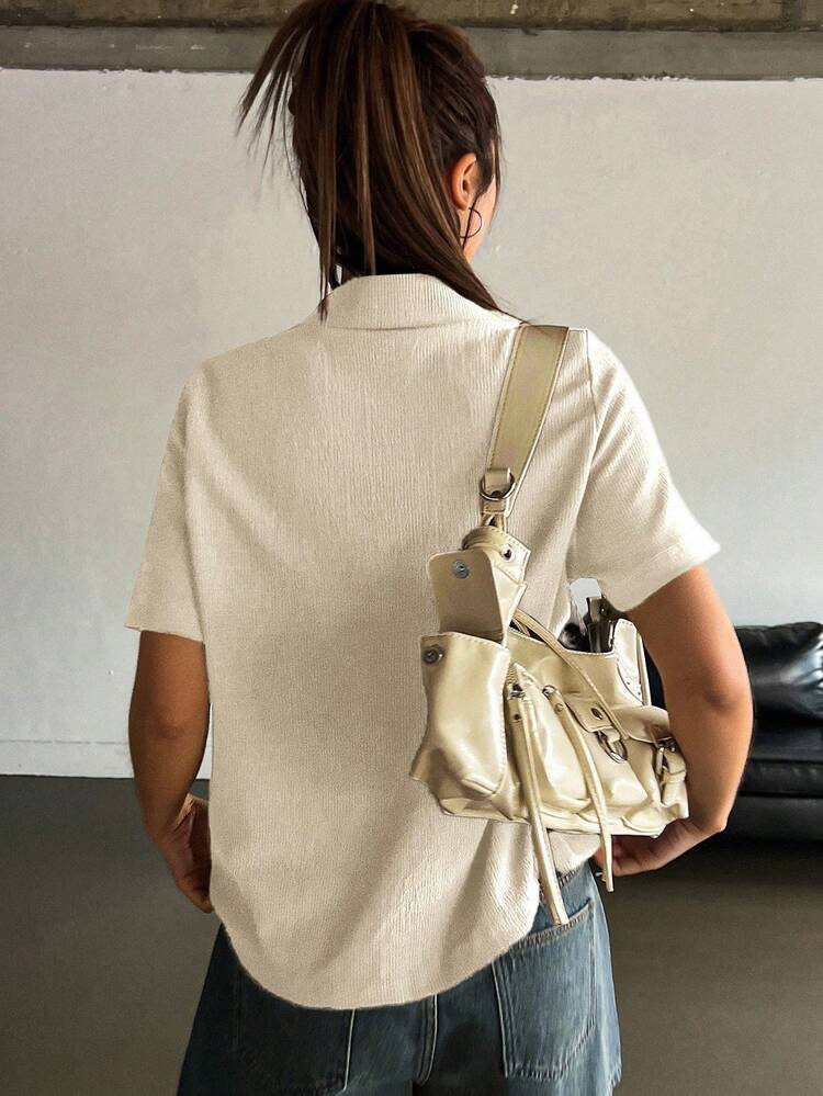 Women's White Collared Short Sleeve T-Shirt, Suitable For Commuting & Office, Summer