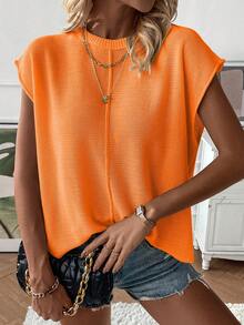 SHEIN PariChic Áo vest len cổ tròn màu trơn dành cho nữ, kiểu dáng thường ngày. - trái cam - Xem 4