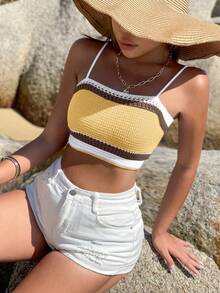 Breezaya Women's Vacation Striped Hollow-Out Cropped Camisole Knit Top - Multicolor - View 3