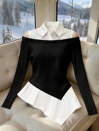 Franclia Women's French-Style Minimalist Fashion Asymmetrical 2 In 1 PLOL Collar Long-Sleeved Classic Black And White Color-Blocked New Women's Top, Black And White Color-Blocked Shirtwinter For Women,Christmas,New Year ,White For New Year's Eve,Party,Beach,Elegant,Casual,Casual For Women,Romance, Valentine's Day, Dating,Graduation Season Attire, Fashionable Casual Commuter Wear, Business Office Wear, Versatile And Stylish Everyday Casual Wear, Urban Teacher's Professional Attire