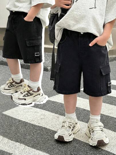 男童宽松黑色牛仔工装短裤