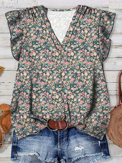 EMERY ROSE Women's V-Neck All-Over Print Casual Shirt, Suitable For Summer