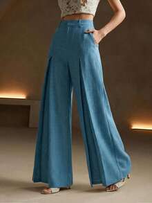 Anewsta Women's Pleated Design Wide Leg Relaxed Fit Elegant Dress Pants - Dusty Blue - View 4