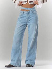 RueChic Jean à taille mi-haute avec ceinture détaillée en 100% coton, jambe évasée - Jean clair - Voir 1