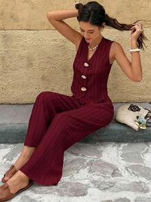Serisse 女士条纹金属单排扣背心和裤子休闲两件套 - 酒紅色 - 查看 1