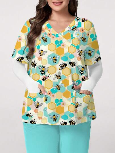 PopScrub Bee Honey Cartoon Print V-Neck Short Sleeve Pocket Ear Loop Split Design Plus Size Scrub Top, Spring/Summer Nurse/Healthcare Uniform, Suitable For Bee Enthusiasts