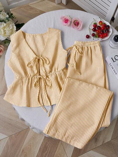 Sweetra European And American Summer New Pink Striped Lace-Up Minimalist Versatile Straight Leg Pants, Women's Two Pieces Set