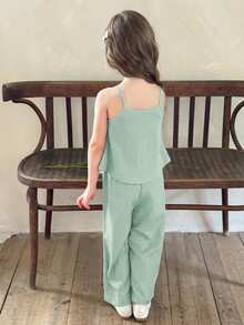 LMoss Kids 两件套少女纯色梭织吊带背心和宽松休闲裤套装 - 薄荷綠 - 查看 2