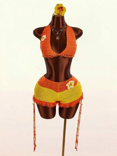 Amplova Cute Orange Floral Trim Cropped Women Top, Suitable For Vacation