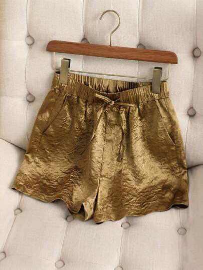 Franclia Women's Gold Crinkle Casual Shorts, Elegant Vacation Beach Shorts