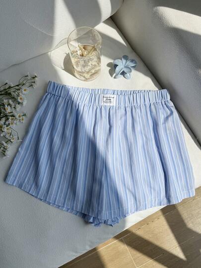 Comfortcana Plus Size Blue & White Striped Casual Vacation Shorts, Spring/Summer 2026 New Arrival