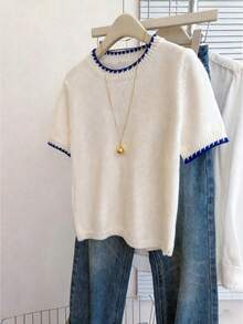 Franclia 法式复古宽松圆领短袖撞色针织上衣，女士春秋季款 - 彩色 - 查看 4