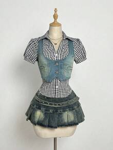 Elamini Blusa vaquera sin mangas corta y lavada para mujer - Lavado ligero - Ver 6