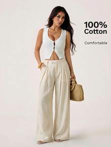 SHEIN PETITE Cream & Apricot Linen Low-Waist Pleated Wide-Leg Pants, Suitable For Italian Holiday, South France Holiday, Casual Trousers, Beach Pants, Cruise Pants, Old Money Style, Brunch Pants High Waist Pants White Wide Leg Pants Women Pants Wide Leg Pleated Pants - Apricot - View 3
