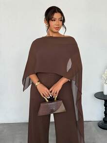 Firerie Conjunto de dos piezas de talla grande para mujer, mono de pierna ancha con cuello de barco y mangas de murciélago en unicolor, traje elegante marrón para mujeres, conjuntos casuales de negocios, conjuntos de salón para mujeres, monos de boda, monos de graduación, monos elegantes para mujeres - Marrón - Ver 5