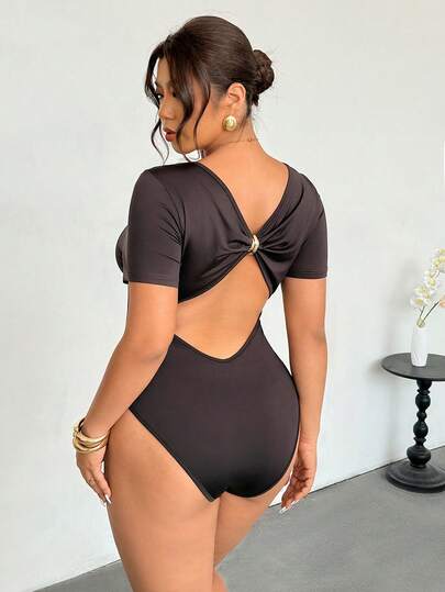 Firerie Mono elegante y romántico para mujer, mono de manga larga con espalda descubierta y decorado con botones metálicos, mono de otoño/invierno versátil para salir, mono marrón