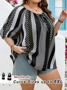 SHEIN CURVE+ Áo kiểu nữ cỡ lớn US22, thích hợp cho lễ hội âm nhạc, kỳ nghỉ ven biển, phong cách bohemian, phối màu kẻ sọc, thích hợp cho kỳ nghỉ hè/đồng quê/bãi biển/trang phục đi biển. - xanh quân đội - Xem 10