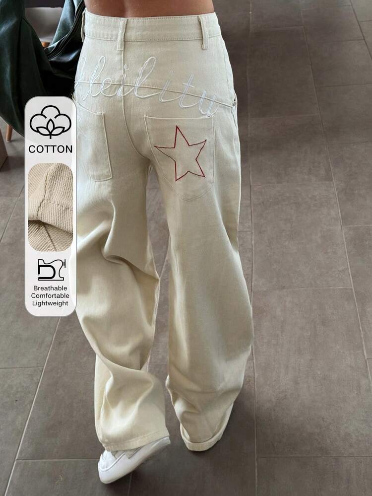 Embroidered Letter Decor Split Line Women's Jeans Y2k