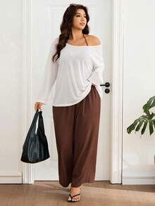 Lounesse 大码休闲纯色长袖上衣和裤子套装 女式两件套 休闲女式度假套装 女式套装 棕色阔腿裤套装 女式两件套 - 彩色 - 查看 8